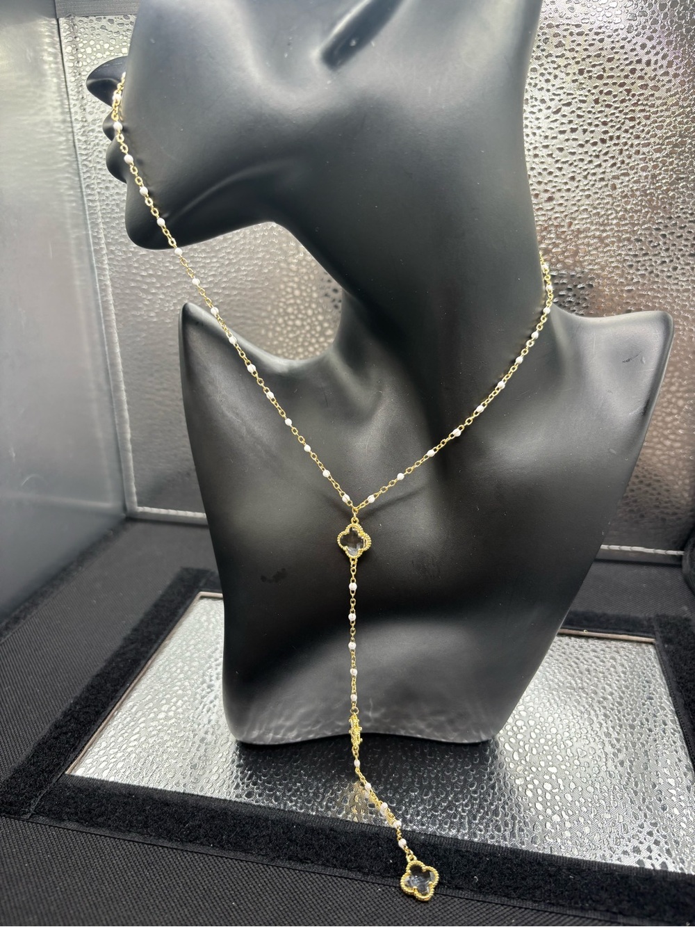 Gold Y-Drop Necklace with Clover Motifs